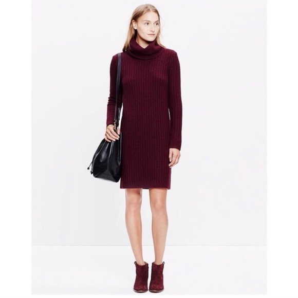 Madewell 100% Merino Wool Turtleneck Sweater Dress In Burgundy, Size Large - Picture 3 of 4